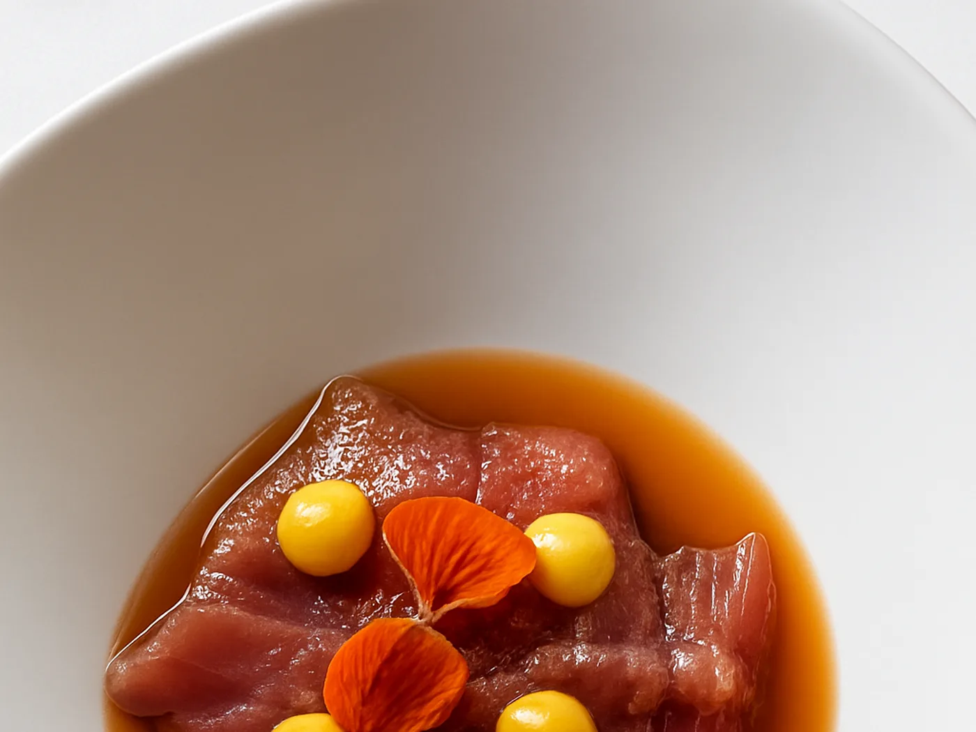 Crudo di tonno con sfere di agrumi e fiori eduli