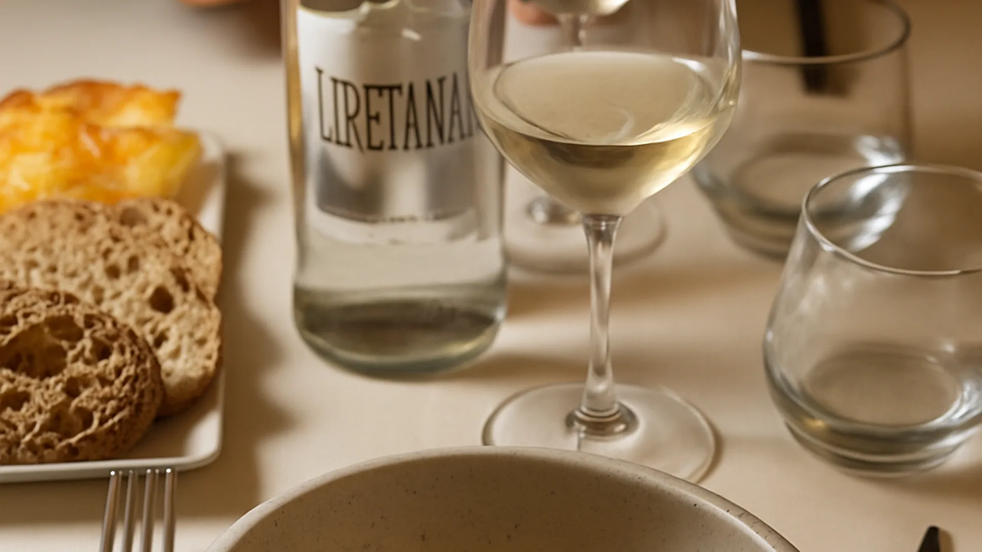 Tavolo apparecchiato da Origine Ristorante con piatto gourmet, vino e pane